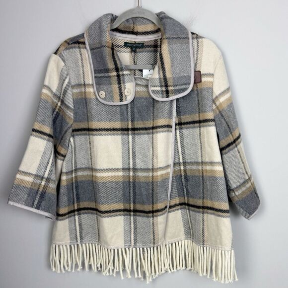 FOR CYNTHIA | NEW Wool Blend Neutral Plaid Jacket Fringe Detail Women’s Size XL - Picture 1 of 10